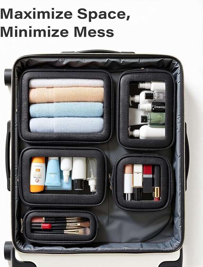 5Pcs Diaper Bag Organizer Pouch Set, Waterproof Travel Clear Makeup Bag Set for Women Small Toiletry Bag Travel Packing Organizer Bags Cosmetic Case with Zipper Compact Car Organizer Bag (Black Set)