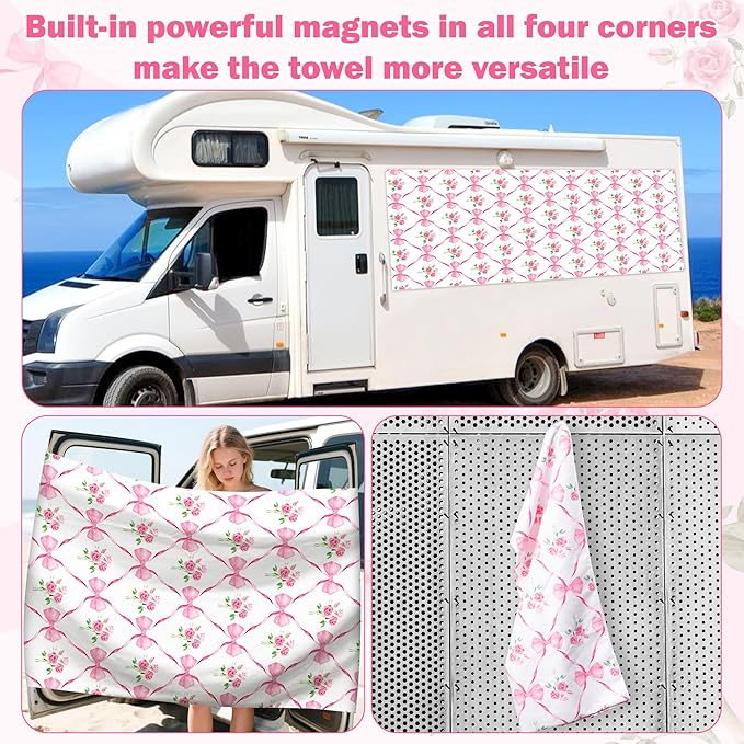Coquette Pink Bow Rose Magnetic Beach Towel - 74.8"x30" Sand Free Quick Dry Microfiber Towel with Built-in Magnets Lightweight for Beach Chair Car Door Pool Travel Yoga with Storage Bag