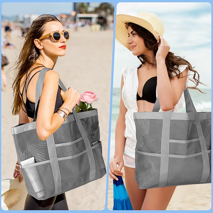 Large Mesh Beach Bag, Beach Tote Bags with 9 Pocket for Family