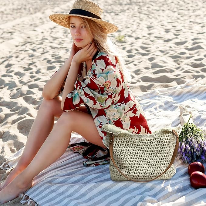 Crochet Beach Bag for Women - Summer Mesh Beach Tote Bag Boho Woven Purse Shoulder Handbags for Vacation Travel