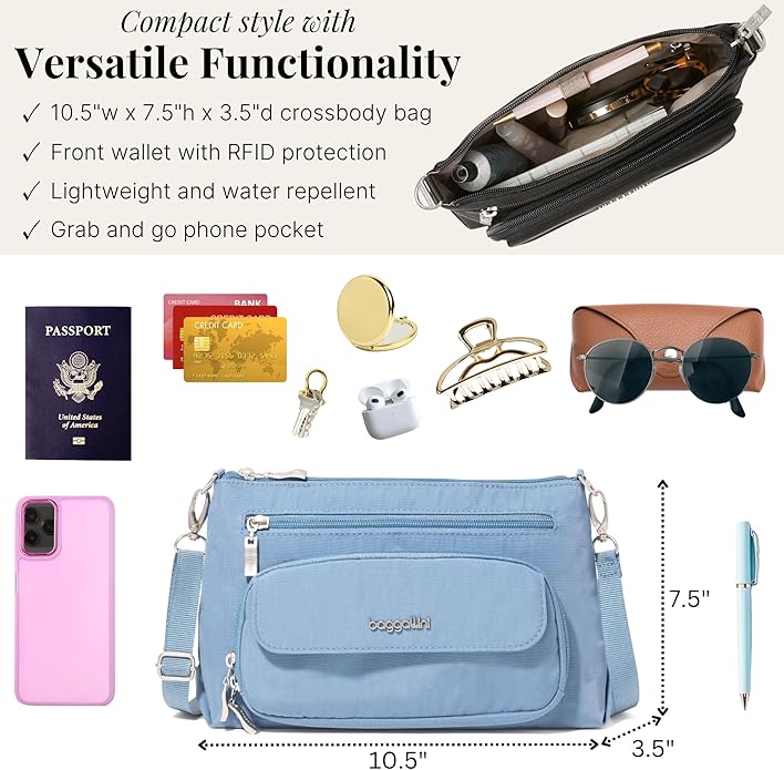 Baggallini Original Everyday 11x7.5 Crossbody Bags Rfid Protected Lightweight Nylon Zippered Travel Purse