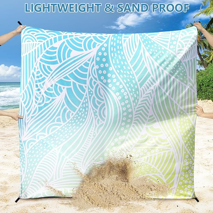 Beach Blanket Waterproof Sandproof Beach Mat for 1-8 Adults Quick Drying Durable Outdoor Picnic Mat for Beach Festival Travel Camping Hiking (Gradiant BL&GN-Ripple, 79"×83"(4 Person))