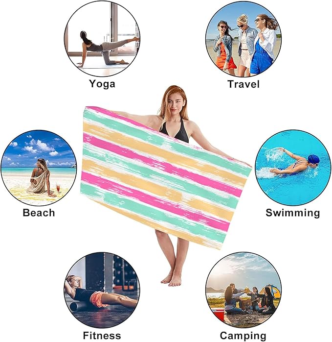 Microfiber Beach Towels,Watercolor Bohemian Yellow Green Pink Stripes Oversized Absorbent Bath Towels,Soft Quick Dry Thin Camping Towel for Adults Women Men,29.5"×59"