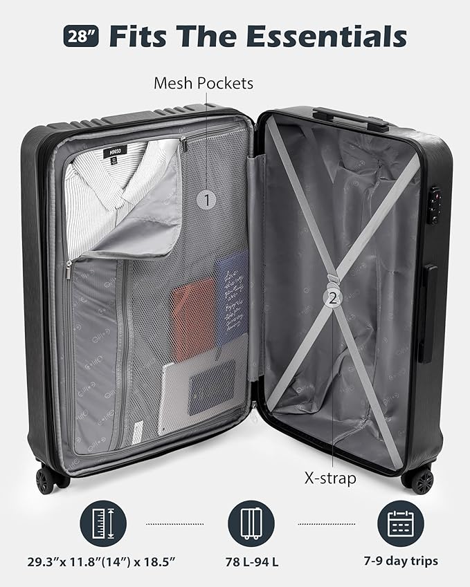 Coolife Luggage PC+ABS Expandable Hardshell Suitcase with TSA Lock, Spinner Checked Lightweight (navy, L(28IN))
