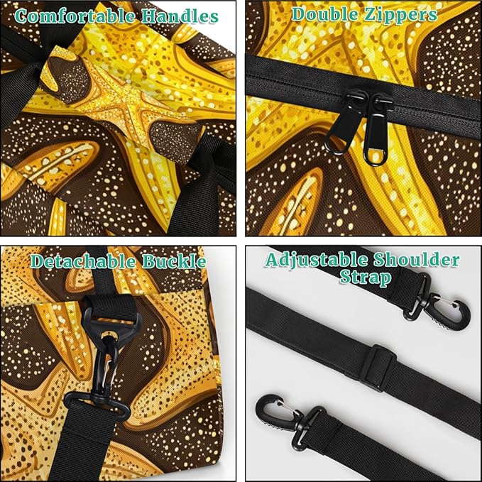 Golden Starfish Gym Travel Duffle Bag for Women & Men with Front Zipper Pocket for Sports, Overnight, Weekender, Carry On,Workout & Dance Bag,Starfish,18.9 * 8.7 * 10.6 in