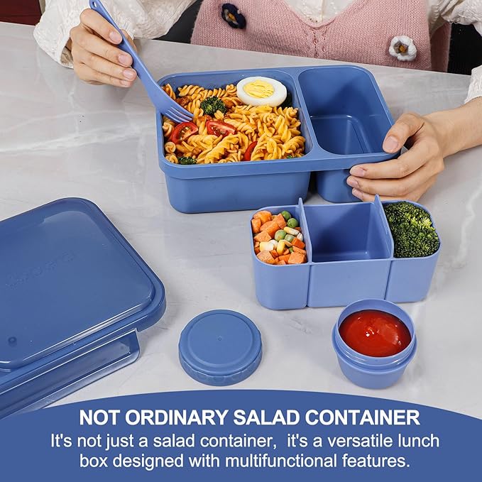 Caperci 2 Pack Salad Container for Lunch - 62 oz Large Bento Lunch Box for Adults, 2-Compartment Meal Prep Container with Removable Toppings Tray, Sauce Cup, Reusable Fork, BPA-Free (Navy & Pink)