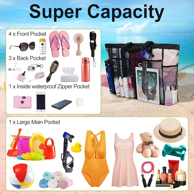 Mesh Beach Bags for Women - Family Beach Tote Bag for Toys, Towels, Travel Vacation Cruise Essentials