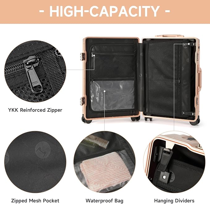 MYER Hard Case 24 Inch Checked Luggage with Spinner Wheels,Aluminum Luggage with 100% 3-Layer PC,Hard Shell Suitcases with Wheels,Cup Holder and USB Port (Cornus Pink, 24 inch)