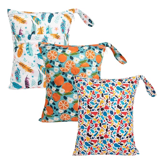 babygoal Wet Dry Bags for Baby Cloth Diapers, Washable Travel Bags, Beach, Pool, Gym Bag for Swimsuits & Wet Clothes with Two Zippered Pockets 3 Pack, 3LN21