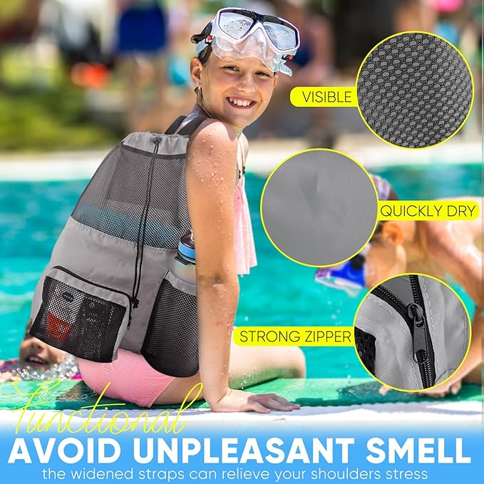 Swim Mesh Beach Bag, Waterproof Gym Bags for Women and Men, Large Pool Bag Swimming Gear Drawstring Backpack