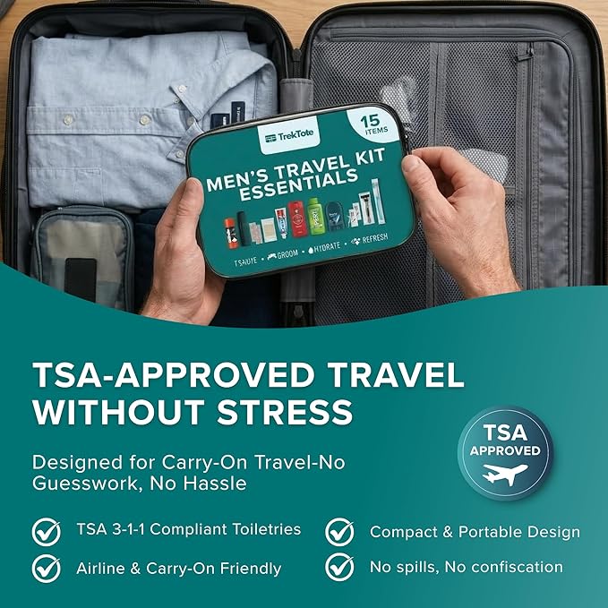 TrekTote 15 Piece Set Men’s Travel & Hygiene Kit with Clear Toiletry Bag, Grooming & Personal Care Essentials, Single Kit or Bulk Case Packs