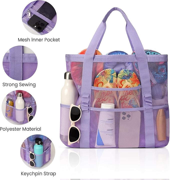 Beach Bag - Mesh Beach Bag Large 8 Pockets, Beach Tote Bag Beach Essentials for Vacation Must Haves