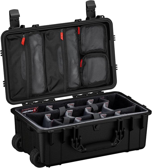 Condition 1 22" Large Rolling Lockable Hard Storage Case w/Padded Divider & Lid Organizer, Model 300, Waterproof Protective Box for Camera & Production Gear, Made in USA, 21.84"x13.82"x9" Black