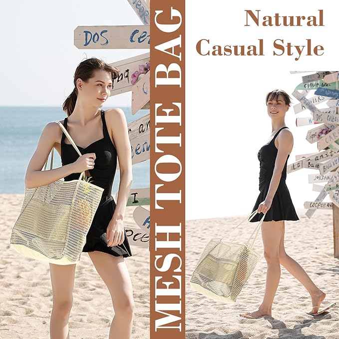 Tavaleu Mesh Beach Bag, Beach Bags for Women, Woven Straw Beach Tote Bag Waterproof with Inner Pocket, Packable Beach Bag