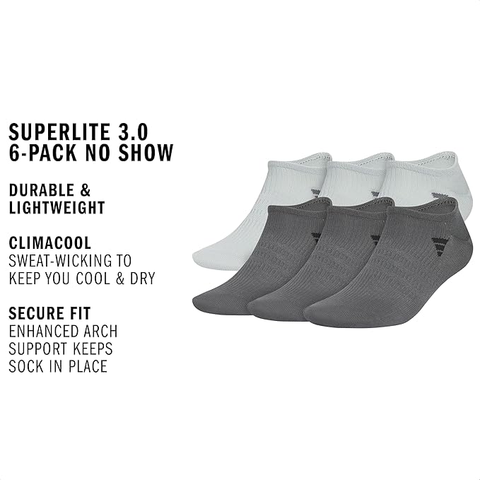 adidas Men's Superlite No Show Socks (6 Pairs) Lightweight & Breathable