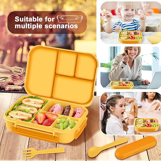 Lunch Box Kids,Bento Box Adult,Leakproof Lunch Containers for Adults/Kids/Toddler,1200ML-4 Compartments bento Lunch box with Utensil,Microwave & Dishwasher & Freezer Safe (Yellow)