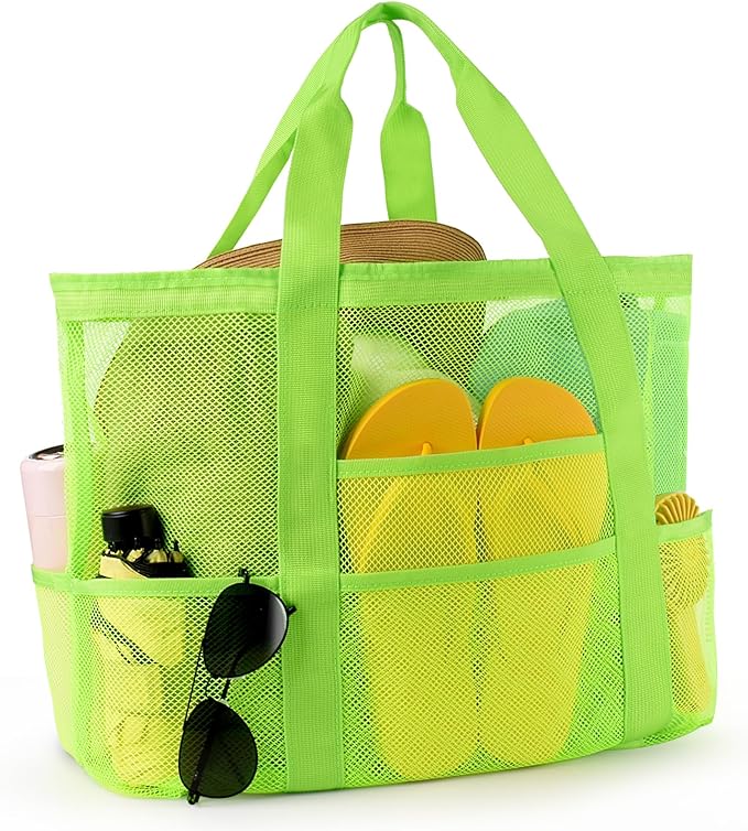Mesh Beach Bag,Large Beach Bags for Women with 8 Pockets,Packable Tote Bag for Beach Cruise Pool Vacation Essentials