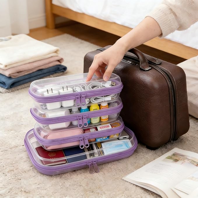 4Pcs/3S+1M Clear Hard Shell Zippered Travel Case – Plastic Organizer Pouch for Toiletries, Cosmetic Bag, Diaper Bag & Packing Accessories (Purple, Set B)