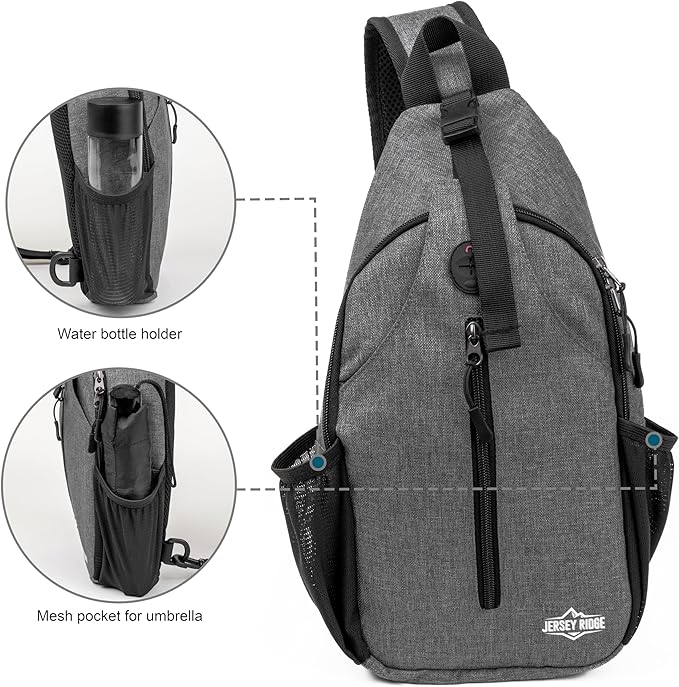 Crossbody Sling Bag – Anti-Theft Carryall Daypack Backpack with Adjustable Chest Strap for Travel or Hiking (Grey)