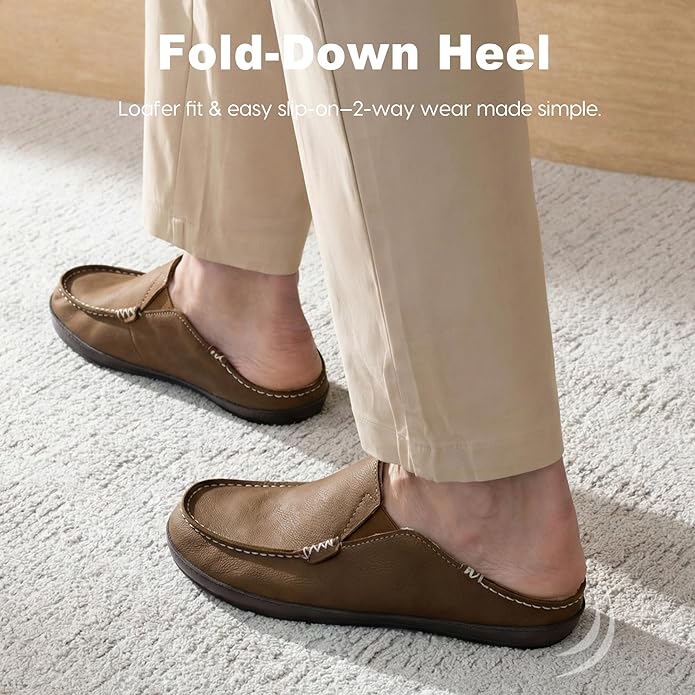 Men’s Premium Everyday Moccasin Slippers Crafted Leather Upper Plush Shearling-Style Lining Removable PU Arch Support Insole with Deep Heel Cup Non-Slip Non-Marking Rubber Sole Fold-Down Heel Indoor Outdoor