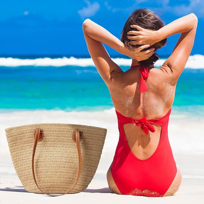 Pleneal Straw Beach Bags for Women - Women Beach Handmade Woven Tote Bag, Summer Mesh Hollow Shoulder Bag for Holiday