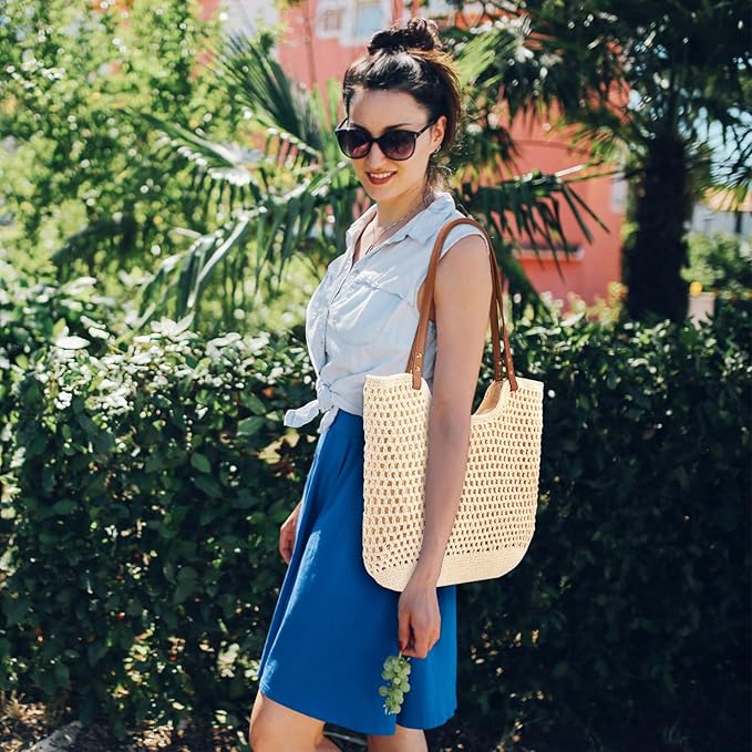 Peicees Crochet Beach Bag Purse, Boho Woven Tote with Leak-Proof Lining For Summer Vacation Travel Casual Shoulder Bag Soft