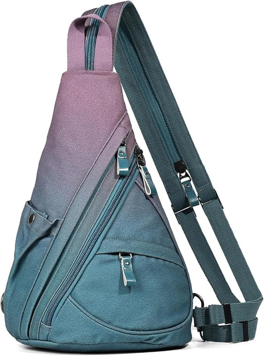 KL928 Canvas Sling Bag - Small Crossbody Backpack Shoulder Casual Daypack Rucksack for Men Women(Large Version, Violet+GrayishBlue)