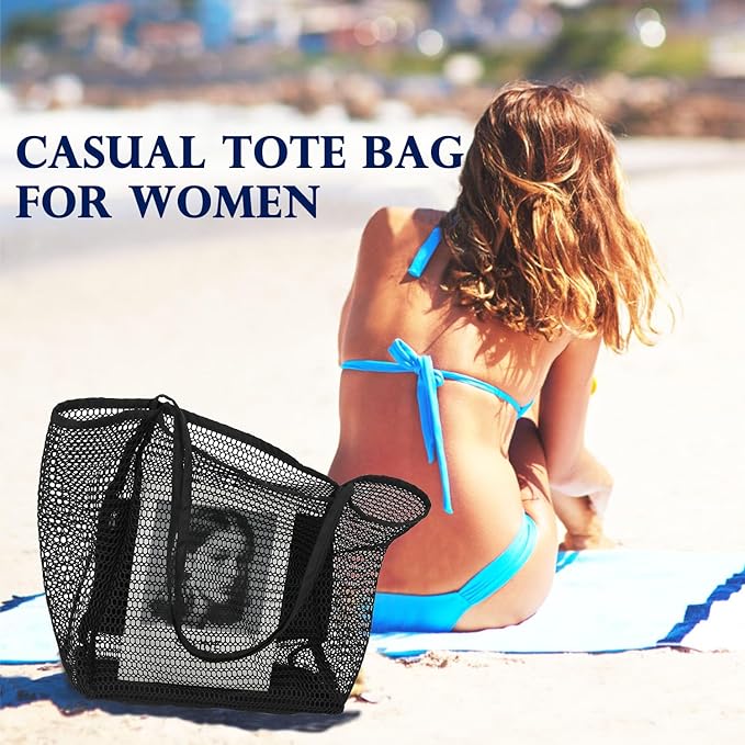 Mesh Beach Bag, Large Beach Tote with Zipper Pocket, Toys Pool Bag for Family Travel Vacation Cruise Essentials