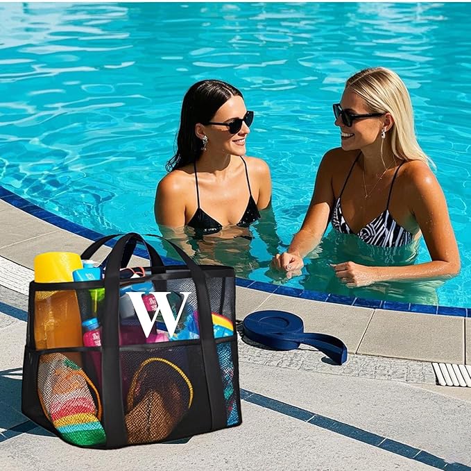 Personalized Mesh Beach Bag for Women - Waterproof Initial Tote Bag for Family Travel, Toys, Vacation Essentials