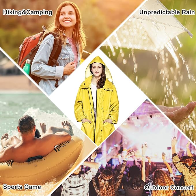 LAMA Womens Long Raincoats Rain Jacket Waterproof Packable Hooded Windbreaker Lightweight Adjustable Waist for Outdoor