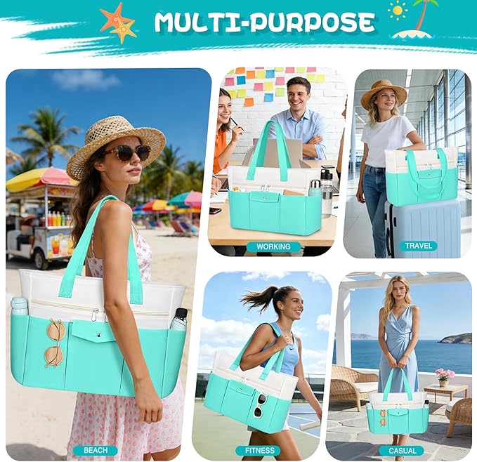 Beach Bags for Women Large Canvas Beach Tote with Zipper Wet Pocket, Waterproof Foldable Swim Pool Travel Tote Bags