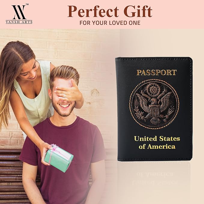 RFID Leather Passport Cover USA - Premium Travel Wallet with 6 Card Slots, ID Window, Boarding Pass Holder, Cash Compartment + Free Keychain (Black)
