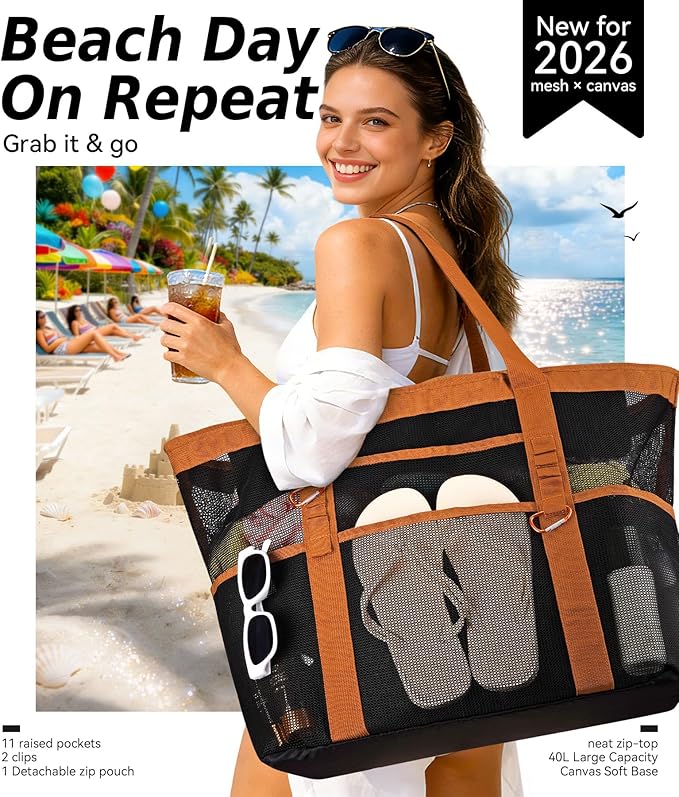 2026 Chic & Spacious XX-Large Beach Bag for Women — Mesh × Canvas Tote with Top Zipper, 11 Pockets, Detachable Pouch | 40L+ Spacious, 11 Tall Pockets, Zipper Pouch, Secure Zip-Top, Sand-Resistant Base