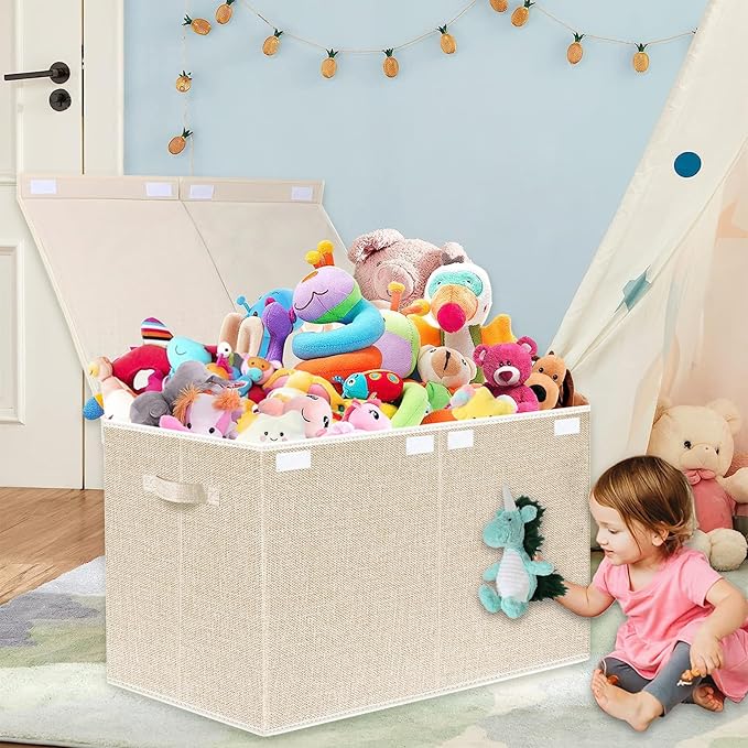 VERONLY Large Toy Box Chest Storage with Lid - Collapsible Kids Toys Boxes Organizer Bins Baskets with Handles for Boys, Girls, Nursery, Playroom, Clothes, Blanket, Bedroom(Beige)