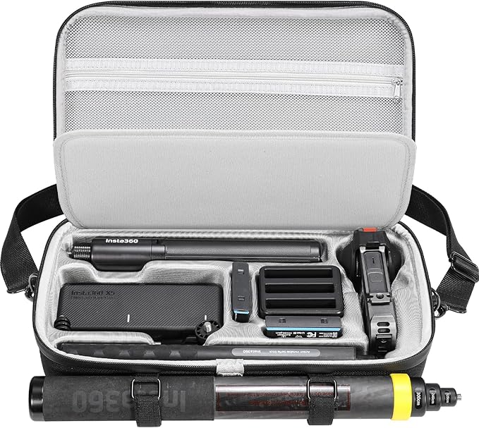AMAZEAR Carrying Case for Insta360 X5 Accessories, Insta 360 X5 X4 Air Action Camera Waterproof Travel Carry Bag with Shoulder Strap, Compatible with 3M 9.8ft 2-in-1 Selfie Stick Tripod, Black