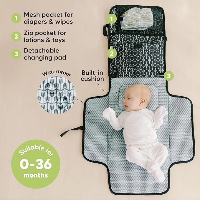 KeaBabies Portable Diaper Changing Pad - Large Waterproof Baby Changing Mat, Compact Travel Diaper Clutch, Functional Pockets Fit Newborn Essentials, Wipeable & Padded Baby Changer (Black Geo)