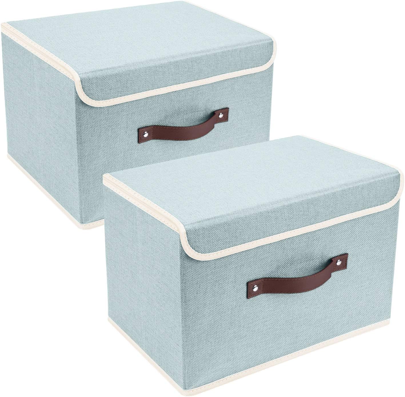 TYEERS Collapsible Storage Boxes, Washable Fabric Storage Bins with Lids, 14.9x9.8x9.8 inches, 2 Pack, Aqua Spring