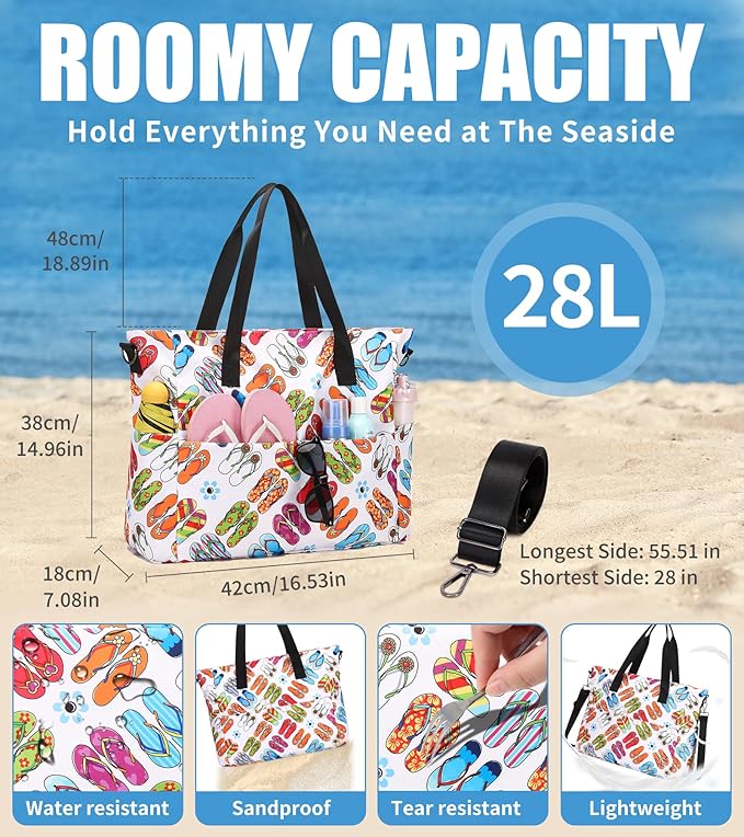 Beach Bags for Women, Large Waterproof Sandproof Swim Pool Bag with Dry Wet Seperated Pocket Utility Tote Bag