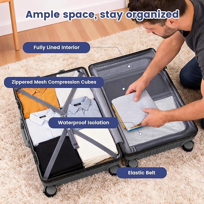 Carry On Luggage, 24 Inch Zipperless Luggage, Aluminum Frame Hardside Suitcase with TSA Lock, Spinner Wheels, Phone Holder, Charging Port, Cup Holder for Lightweight Travel, Grey