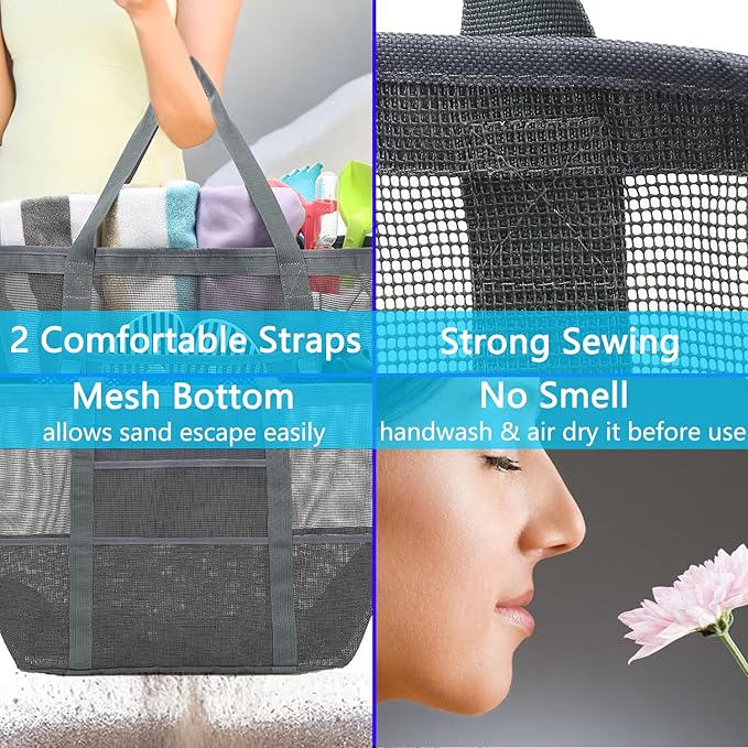 Mesh Beach Bag, Large Beach Tote with Zipper Pocket, Toys Pool Bag for Family Travel Vacation Cruise Essentials
