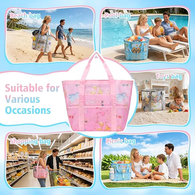 Mesh Beach Bags for Women - Family Beach Tote Bag for Toys, Towels, Travel Vacation Cruise Essentials
