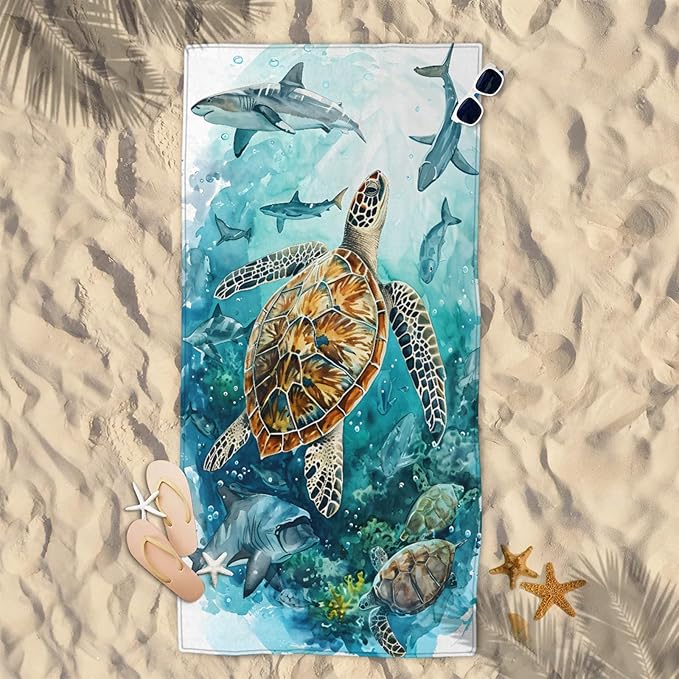 Turtle Shark Undersea Beach Towel, Large Microfiber Quick Dry Lightweight Pool Bath Towels Sand Free Beach Blanket for Summer Cruise Yoga Camping Travel Vacation Essentials 31 x 61 in