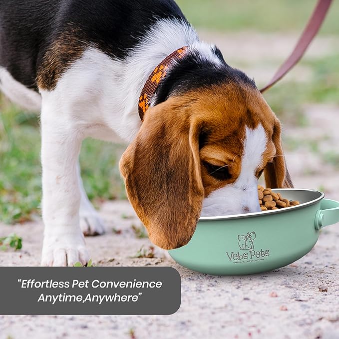 Vebs Pets- Stainless Steel Dog Bowl 30 oz, W/Collapsible Bowl Lid 20 oz W/Handle, Leak Proof, Non Slip, for Food & Water for Dogs & Cats, Medium Dogs, Portable Travel Dog (Jade)