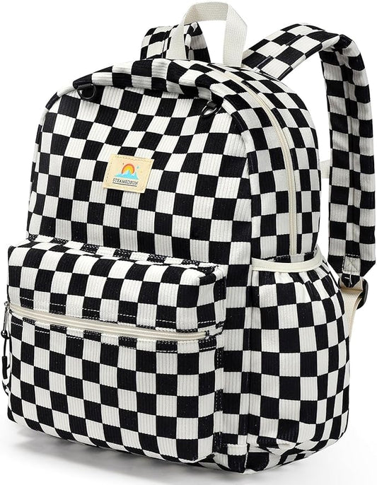STEAMEDBUN Corduroy Kids Backpack for Girls and Boys 5-8: Boys Backpack for Elementary Kindergarten - 15 inch Cute Backpacks for Kids - Checkered