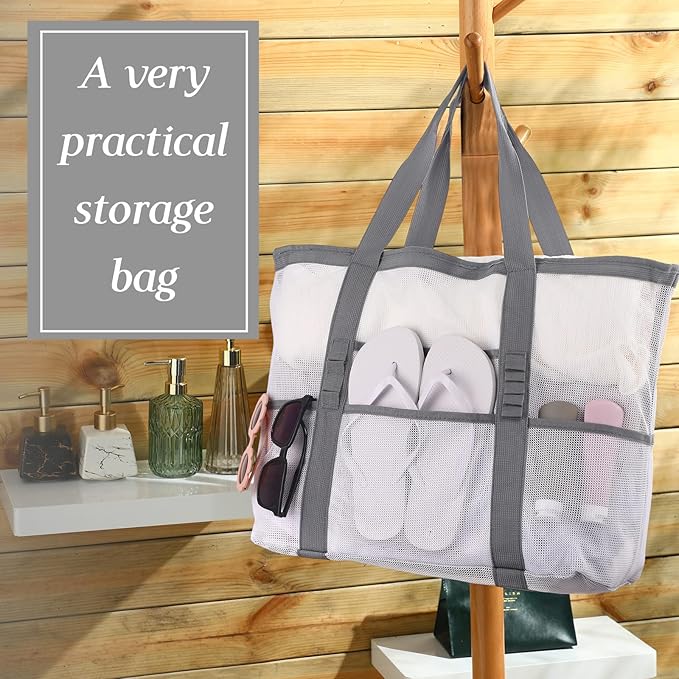 Hillban Large Beach Mesh Bags Bulk for Women Beach Tote Bag with 8 Pocket Zipper Waterproof Sandproof for Pool Cruise Ship
