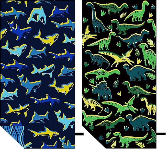 MelonBoat Large Microfiber Beach Towel: 2pcs Green Dinosaur & Bright Blue Shark Beach Towel for Travel, Absorbent Quick Dry Sand Free, Lightweight Compact for Kids Trip Vacation Bath Camping Pool Swim