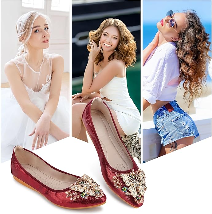 KUNWFNIX Women Ballet Flats Rhinestone Wedding Ballerina Shoes Foldable Sparkly Comfort Slip on Flat Shoes