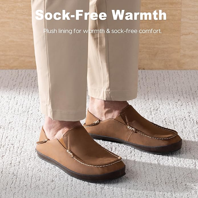 Men’s Premium Everyday Moccasin Slippers Crafted Leather Upper Plush Shearling-Style Lining Removable PU Arch Support Insole with Deep Heel Cup Non-Slip Non-Marking Rubber Sole Fold-Down Heel Indoor Outdoor