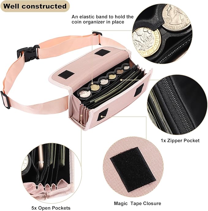 BSTKEY US Coin Holder Coin Dispenser, Fanny Pack with Banknote Waiters Purse Coin Sorter Coin Organizer, Coin Storage Bag with Belt for Waitress Server Collector Cashier Change （Pink）