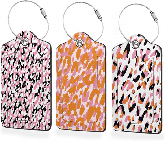 3 Pack Luggage Tag for Suitcase,Abstract Modern Leopard Leather Luggage Tags with Privacy Cover Name ID Label Identifiers Travel Bag Tags for Women Men Boys Girls